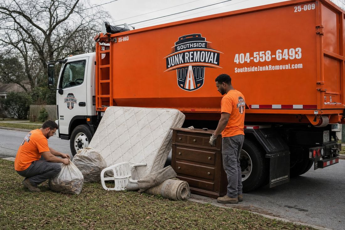 Curbside pile of bulk trash including a mattress and dresser waiting for pickup beside a Southside Junk Removal truck in Clayton County