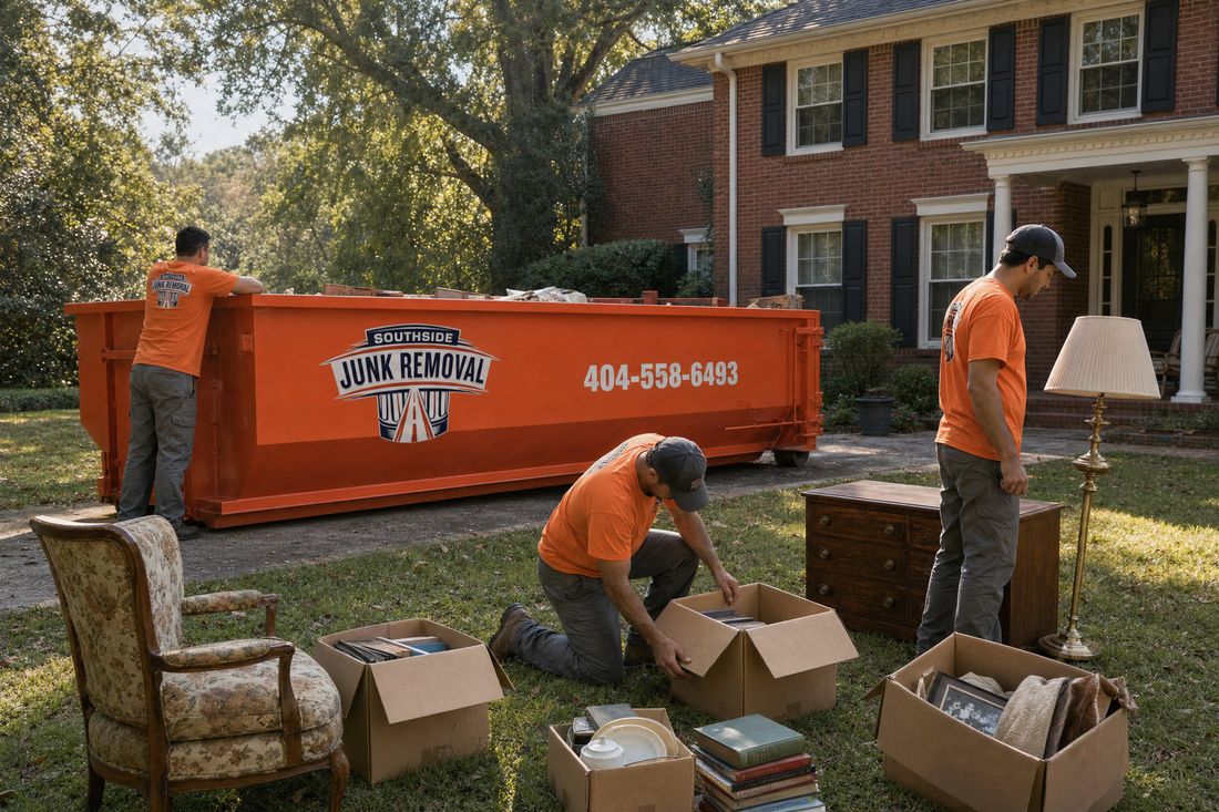 Estate cleanout in progress with furniture and boxes sorted on the lawn beside a Southside Junk Removal roll-off dumpster