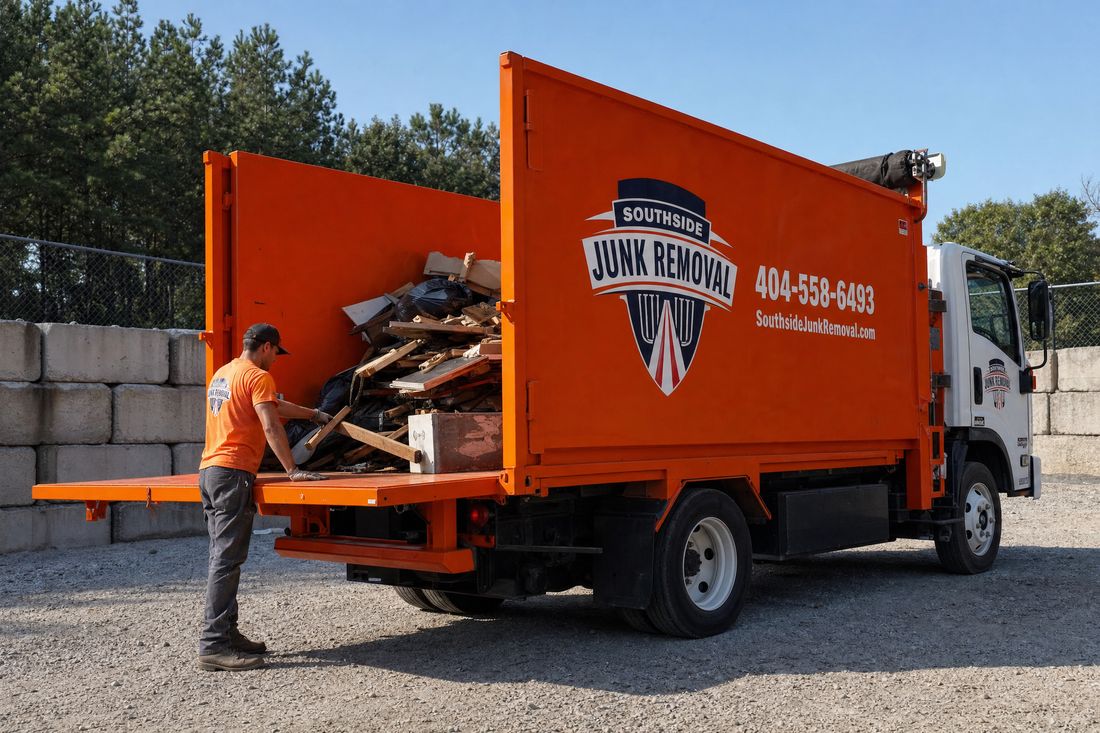 Southside Junk Removal dump truck with its tailgate down, unloading at a metro Atlanta transfer station