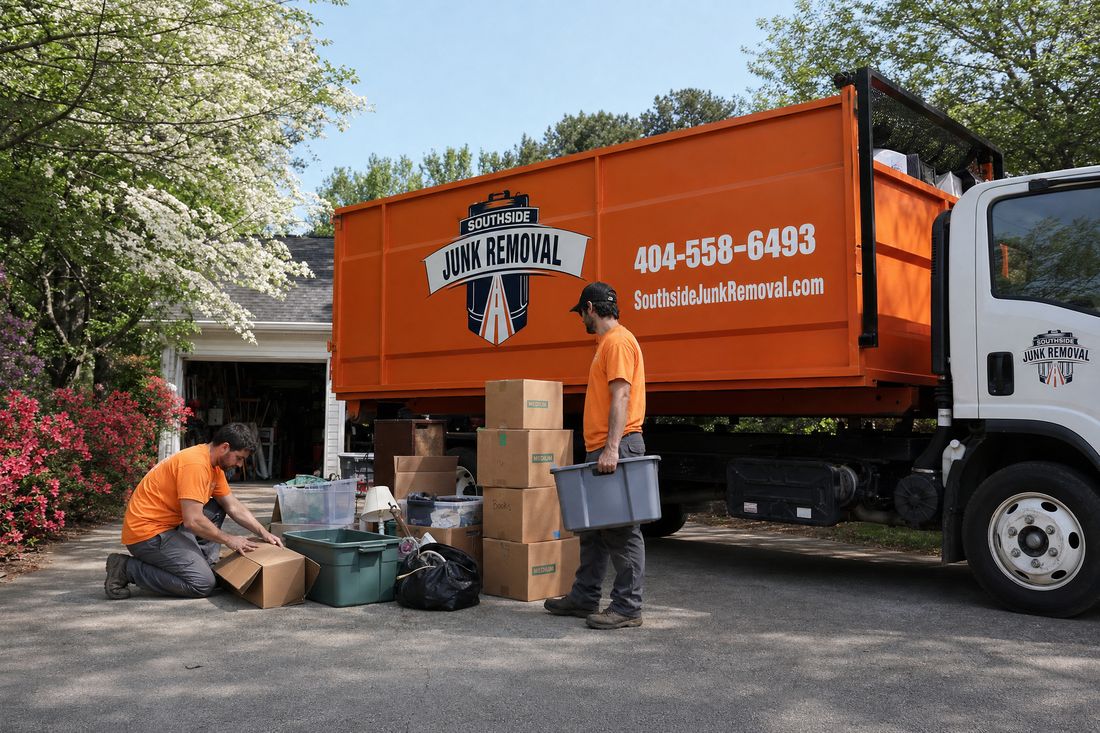 Spring cleaning junk removal with boxes and storage totes staged on the driveway beside the Southside Junk Removal truck