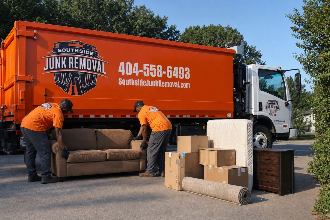 Two Southside Junk Removal crew members carrying a sofa together beside a half full dump truck in metro Atlanta