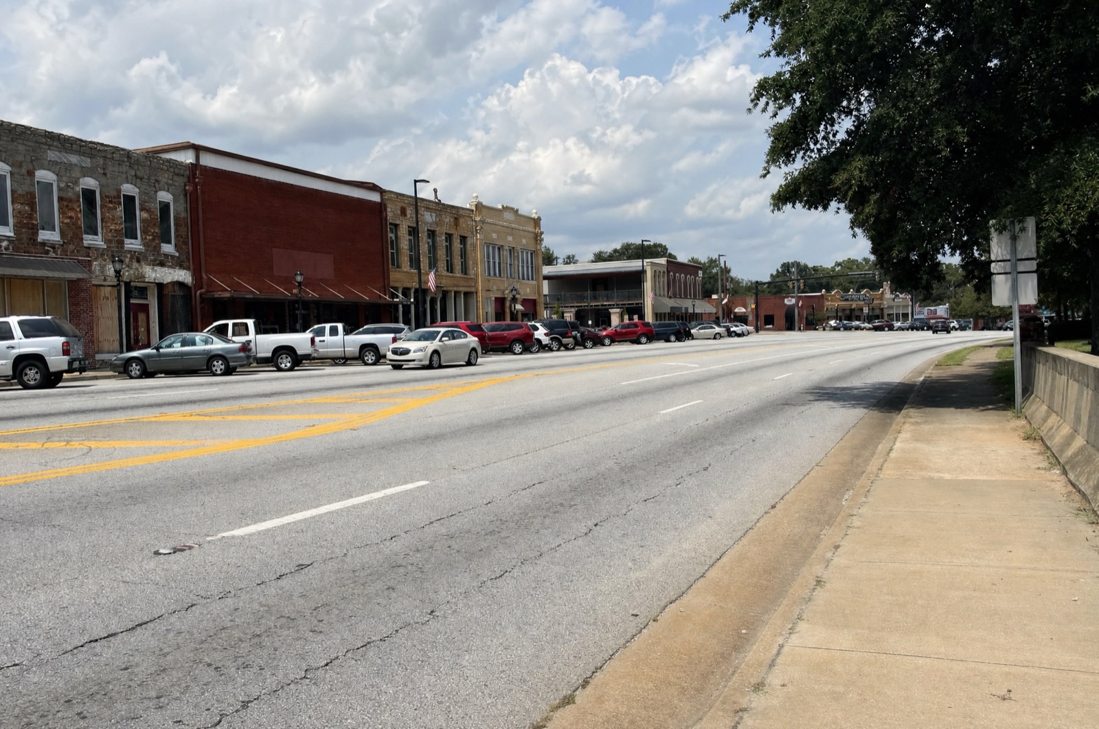 Historic commercial buildings along the main road through downtown Fairburn, GA