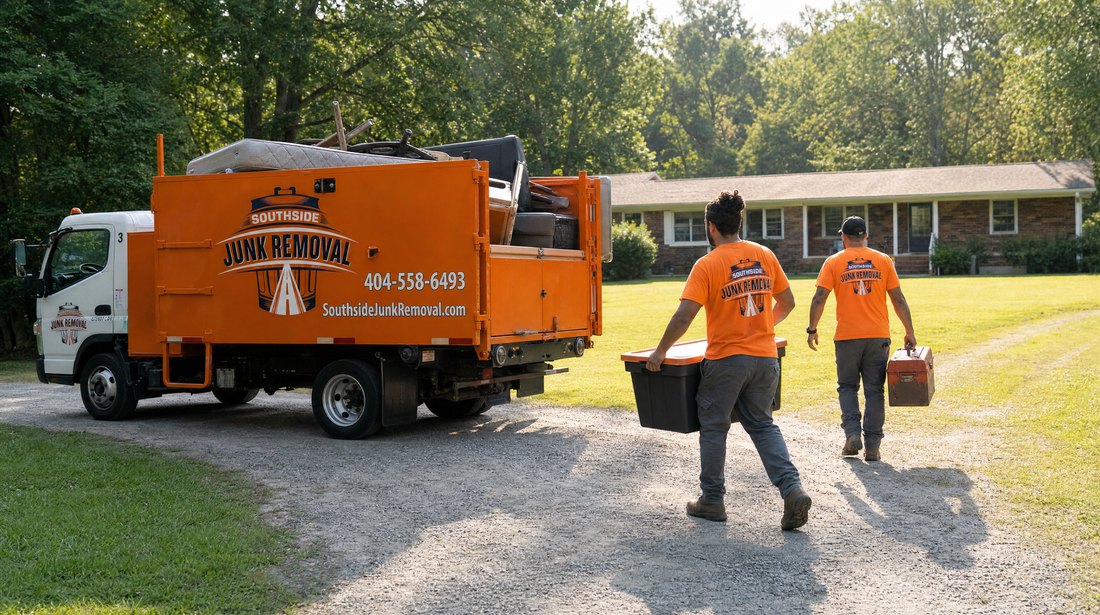 Orange Southside Junk Removal roll-off dumpster loaded with branches and bagged yard waste on a gravel drive in Hampton, Georgia