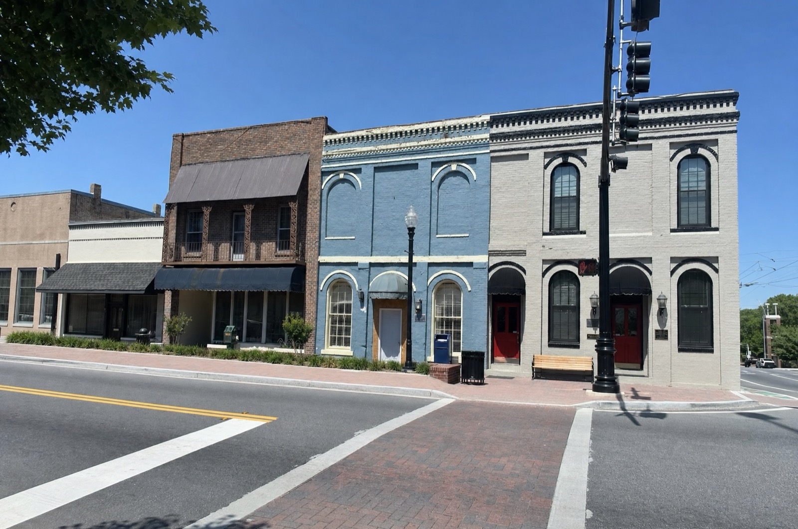 Historic storefronts at a downtown intersection, Jonesboro, GA