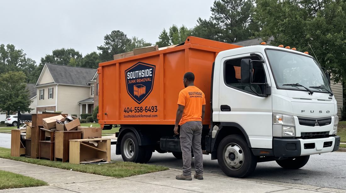 Southside Junk Removal crew member beside the orange dump truck with a kerbside pile of furniture and boxes in Jonesboro, Georgia