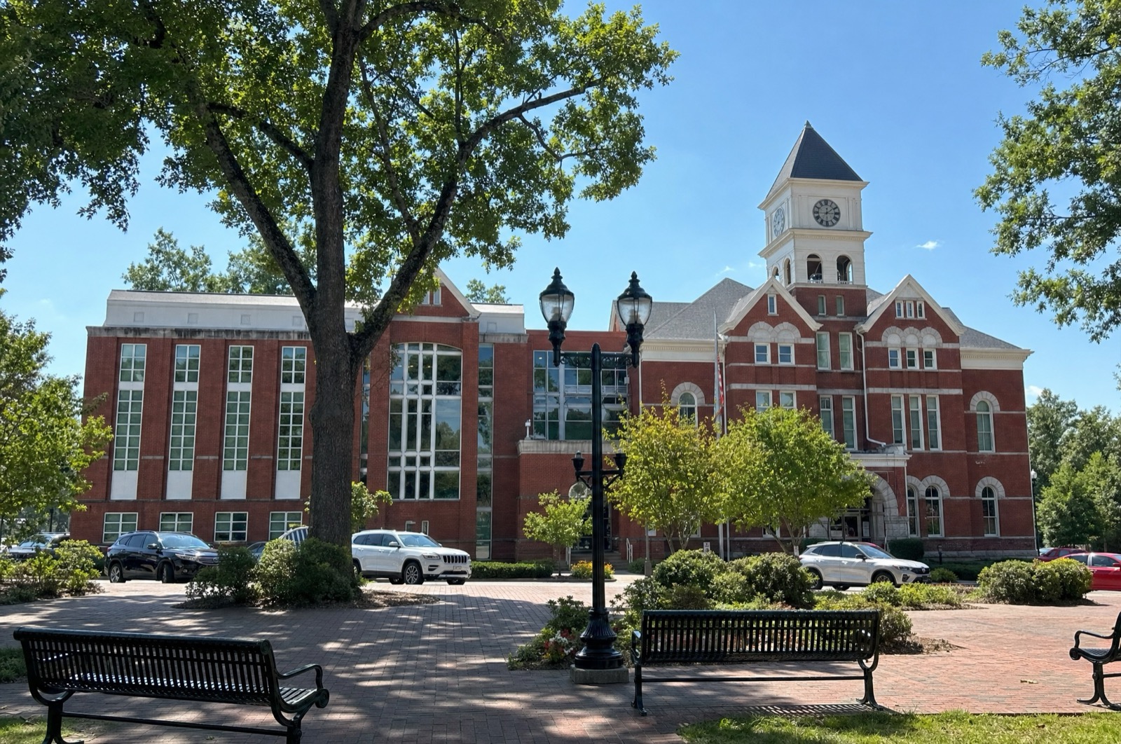 Brick courthouse with clock tower on the square, McDonough, GA